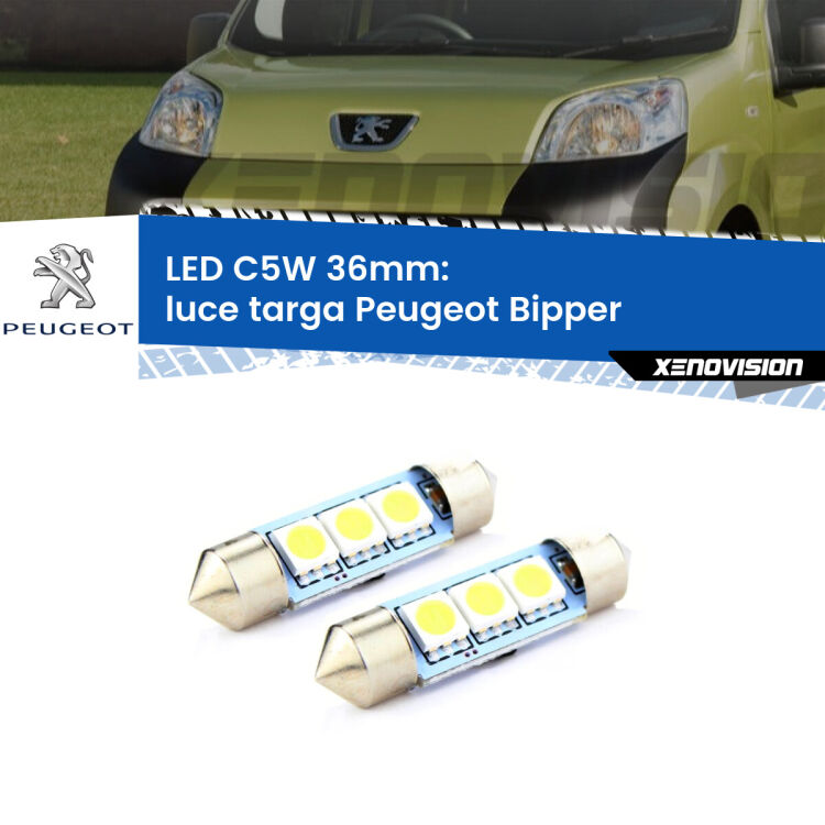 <strong>Luce Targa LED per Peugeot Bipper</strong>  2008 in poi. Coppia lampade <strong>C5W</strong> 36mm estremamente longeve.