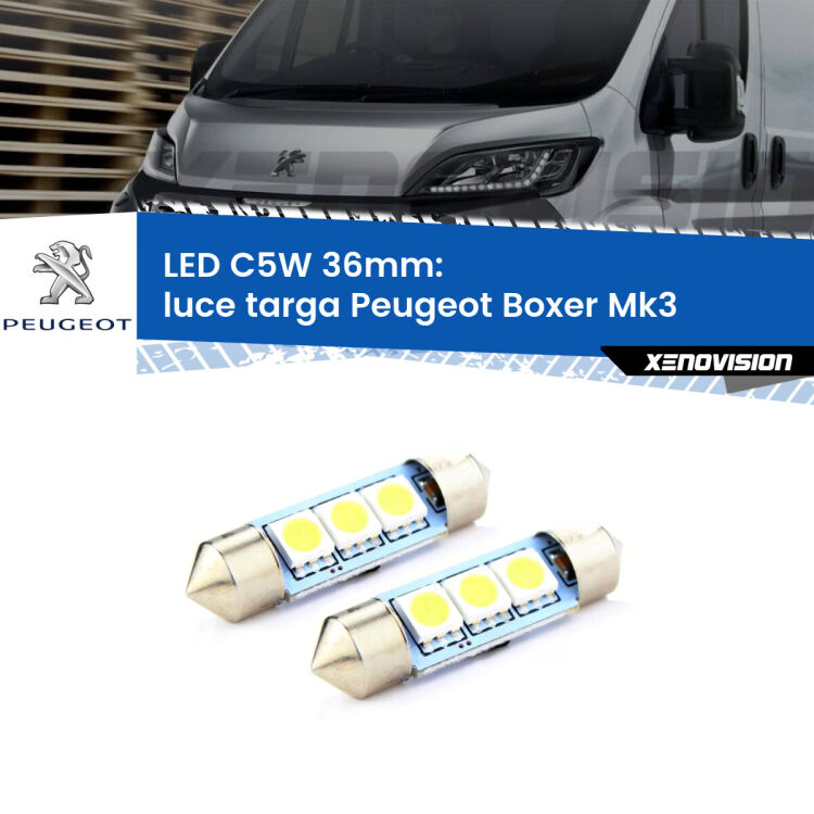 <strong>Luce Targa LED per Peugeot Boxer</strong> Mk3 2006 in poi. Coppia lampade <strong>C5W</strong> 36mm estremamente longeve.