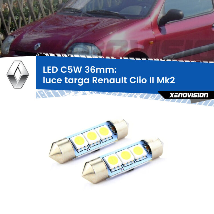 <strong>Luce Targa LED per Renault Clio II</strong> Mk2 1998 - 2004. Coppia lampade <strong>C5W</strong> 36mm estremamente longeve.