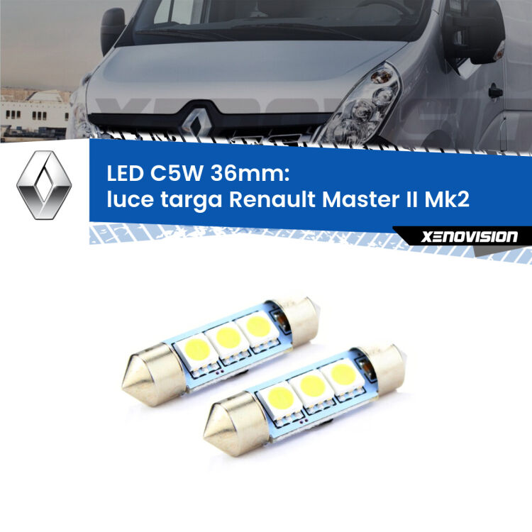 <strong>Luce Targa LED per Renault Master II</strong> Mk2 1998 - 2004. Coppia lampade <strong>C5W</strong> 36mm estremamente longeve.