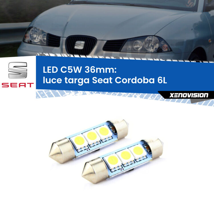 <strong>Luce Targa LED per Seat Cordoba</strong> 6L 2002 - 2009. Coppia lampade <strong>C5W</strong> 36mm estremamente longeve.