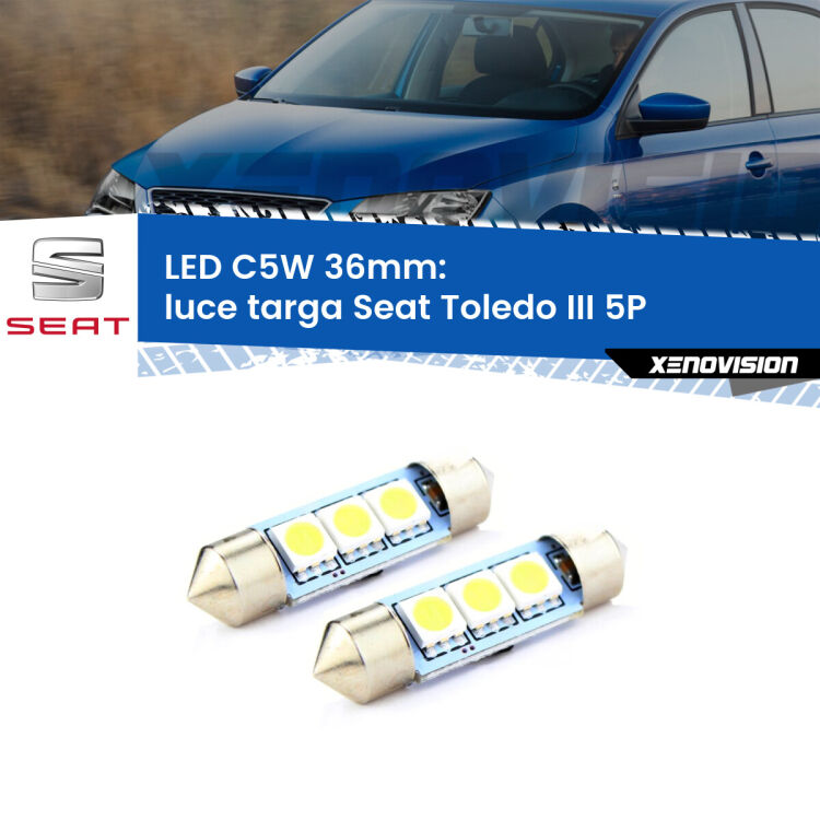 <strong>Luce Targa LED per Seat Toledo III</strong> 5P 2004 - 2009. Coppia lampade <strong>C5W</strong> 36mm estremamente longeve.