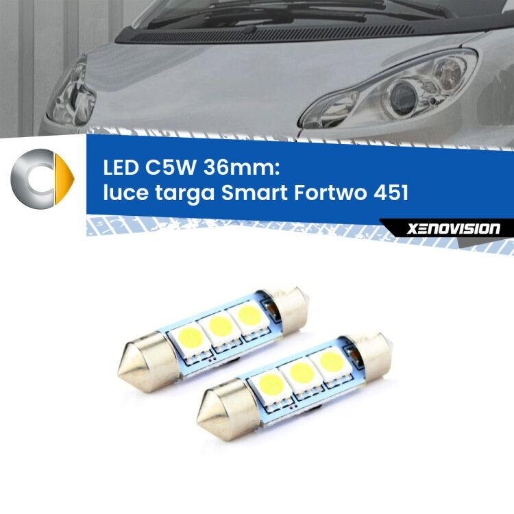 <strong>Luce Targa LED per Smart Fortwo</strong> 451 2007 - 2014. Coppia lampade <strong>C5W</strong> 36mm estremamente longeve.