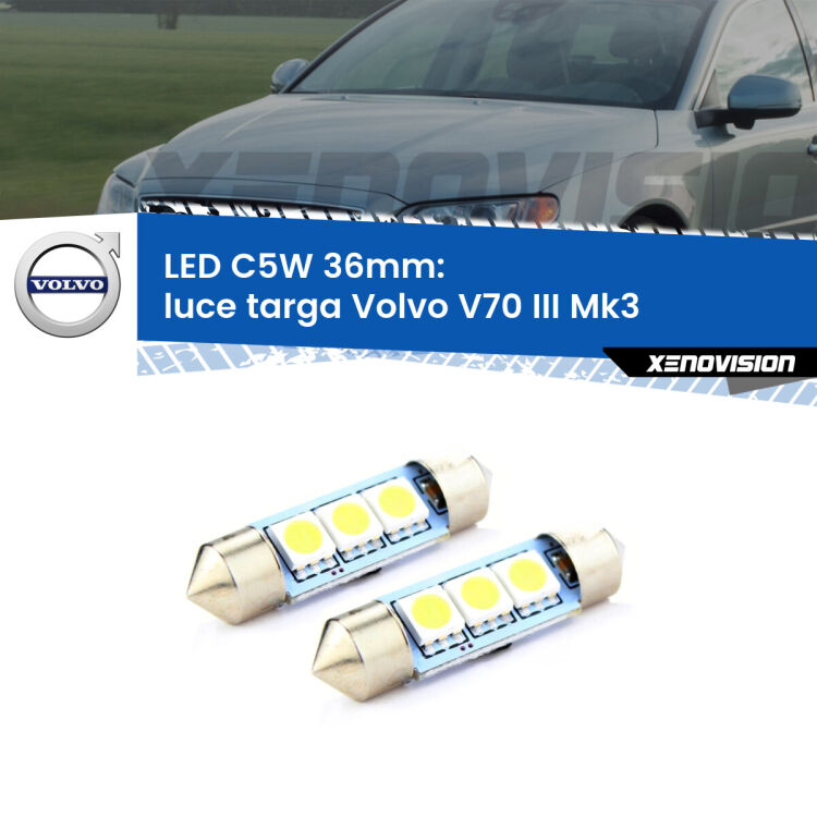 <strong>Luce Targa LED per Volvo V70 III</strong> Mk3 2008 - 2016. Coppia lampade <strong>C5W</strong> 36mm estremamente longeve.