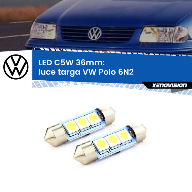 <strong>Luce Targa LED per VW Polo</strong> 6N2 1999 - 2001. Coppia lampade <strong>C5W</strong> 36mm estremamente longeve.