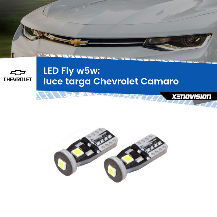 <strong>luce targa LED per Chevrolet Camaro</strong>  2015 in poi. Coppia lampadine <strong>w5w</strong> Canbus compatte modello Fly Xenovision.