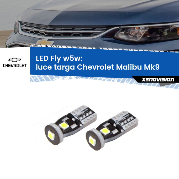 <strong>luce targa LED per Chevrolet Malibu</strong> Mk9 2016 in poi. Coppia lampadine <strong>w5w</strong> Canbus compatte modello Fly Xenovision.