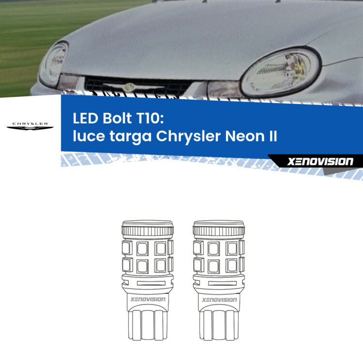 <strong>Luce Targa LED per Chrysler Neon II</strong>  1999 - 2006. Coppia lampade <strong>T10</strong> modello Bolt canbus.