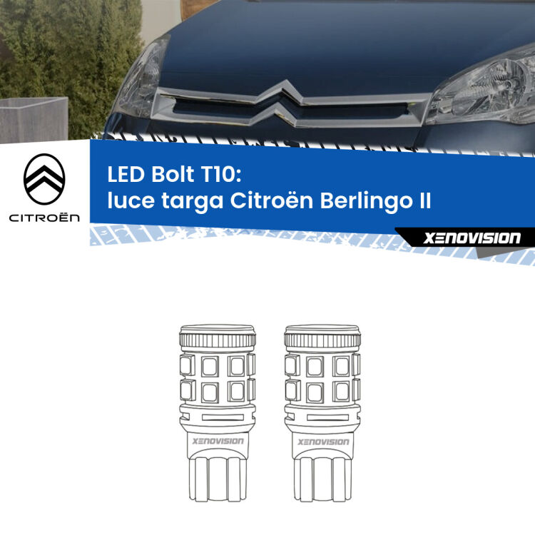 <strong>Luce Targa LED per Citroën Berlingo</strong> II 2008 - 2017. Coppia lampade <strong>T10</strong> modello Bolt canbus.