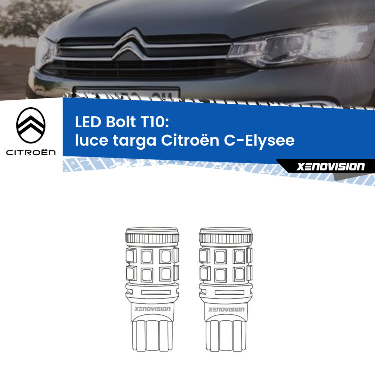 <strong>Luce Targa LED per Citroën C-Elysee</strong>  2012 in poi. Coppia lampade <strong>T10</strong> modello Bolt canbus.