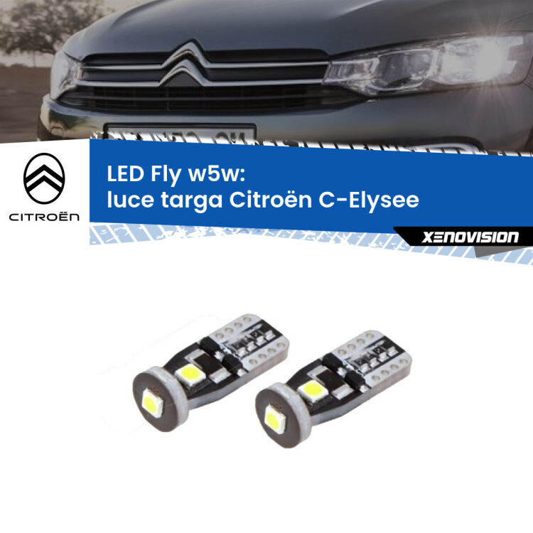 <strong>luce targa LED per Citroën C-Elysee</strong>  2012 in poi. Coppia lampadine <strong>w5w</strong> Canbus compatte modello Fly Xenovision.