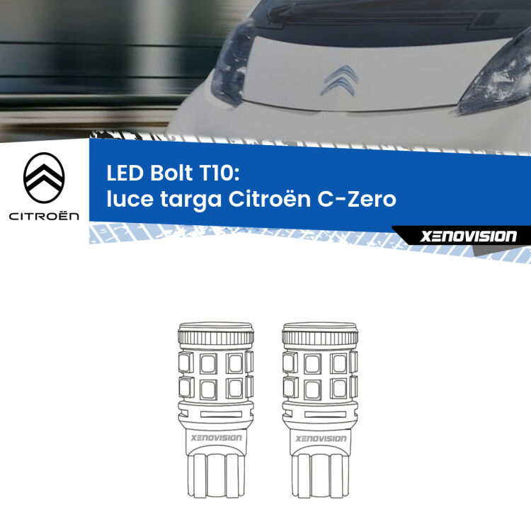 <strong>Luce Targa LED per Citroën C-Zero</strong>  2010 - 2019. Coppia lampade <strong>T10</strong> modello Bolt canbus.