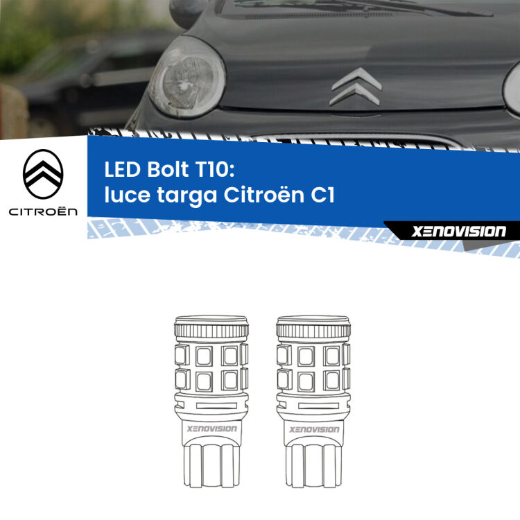 <strong>Luce Targa LED per Citroën C1</strong>  2005 - 2013. Coppia lampade <strong>T10</strong> modello Bolt canbus.