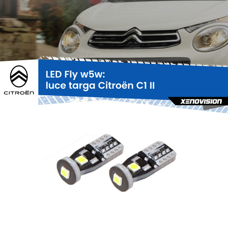 <strong>luce targa LED per Citroën C1</strong> II 2014 in poi. Coppia lampadine <strong>w5w</strong> Canbus compatte modello Fly Xenovision.