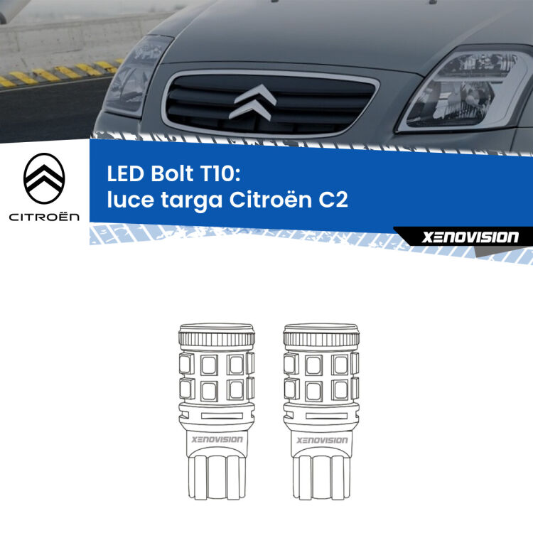 <strong>Luce Targa LED per Citroën C2</strong>  2003 - 2009. Coppia lampade <strong>T10</strong> modello Bolt canbus.