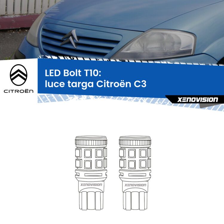 <strong>Luce Targa LED per Citroën C3</strong>  2002 - 2009. Coppia lampade <strong>T10</strong> modello Bolt canbus.