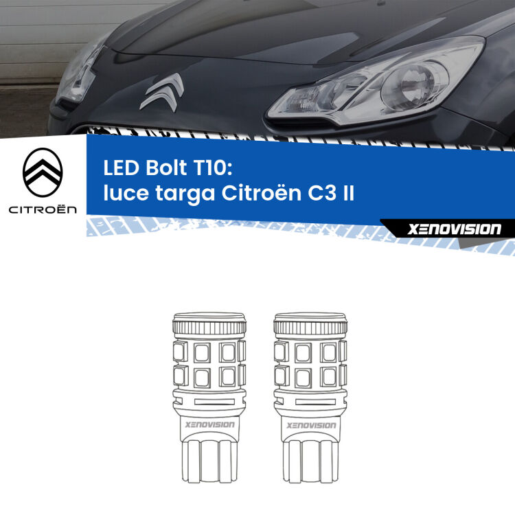 <strong>Luce Targa LED per Citroën C3</strong> II 2009 - 2016. Coppia lampade <strong>T10</strong> modello Bolt canbus.