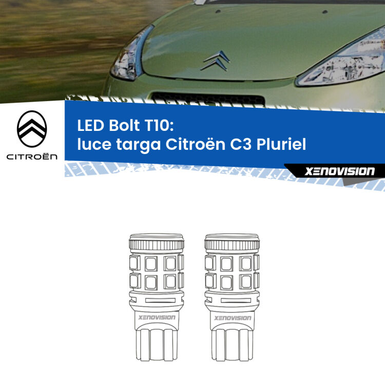 <strong>Luce Targa LED per Citroën C3 Pluriel</strong>  2003 - 2010. Coppia lampade <strong>T10</strong> modello Bolt canbus.