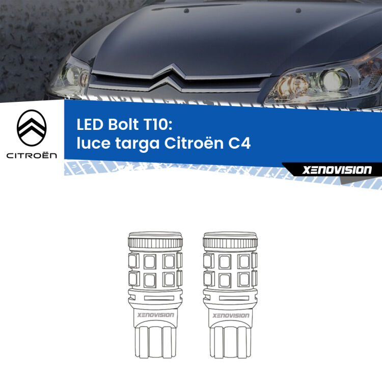 <strong>Luce Targa LED per Citroën C4</strong>  2004 - 2011. Coppia lampade <strong>T10</strong> modello Bolt canbus.