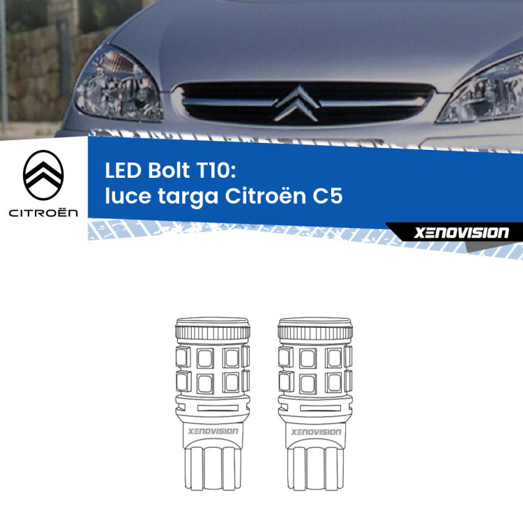 <strong>Luce Targa LED per Citroën C5</strong>  2001 - 2004. Coppia lampade <strong>T10</strong> modello Bolt canbus.