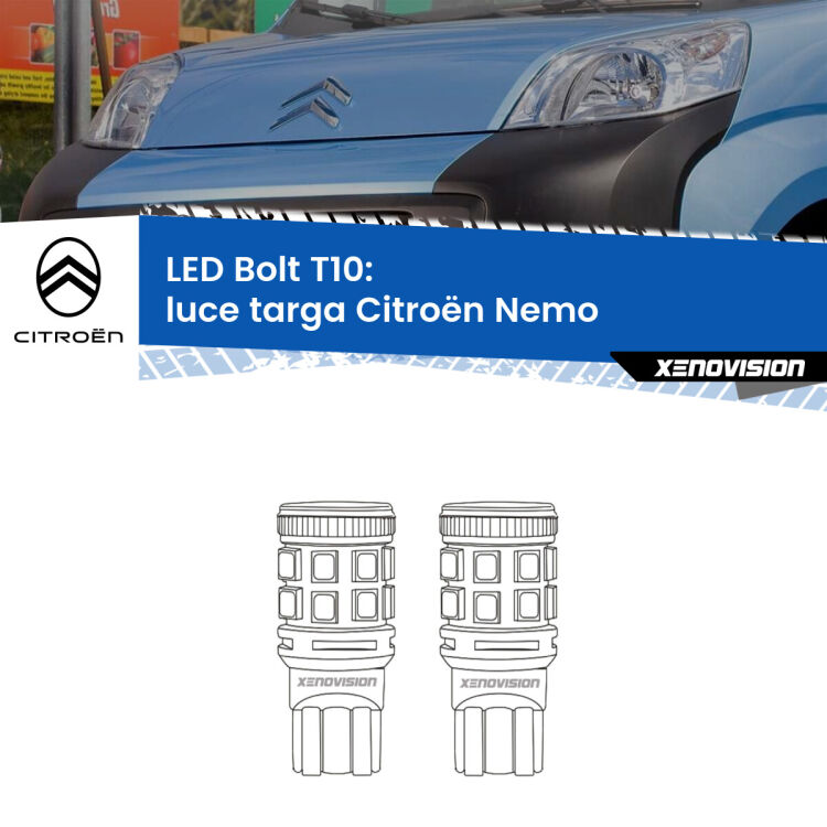 <strong>Luce Targa LED per Citroën Nemo</strong>  2008 in poi. Coppia lampade <strong>T10</strong> modello Bolt canbus.