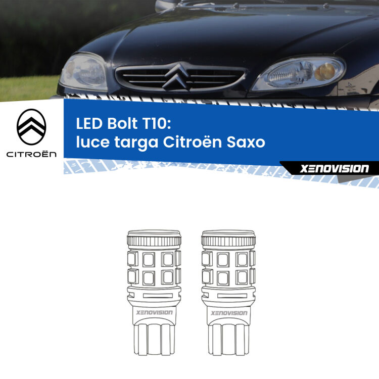 <strong>Luce Targa LED per Citroën Saxo</strong>  1996 - 2004. Coppia lampade <strong>T10</strong> modello Bolt canbus.