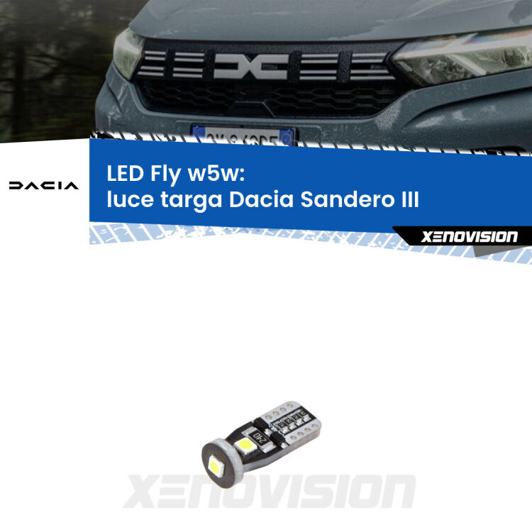 <strong>luce targa LED per Dacia Sandero III</strong>  2020 in poi. Coppia lampadine <strong>w5w</strong> Canbus compatte modello Fly Xenovision.