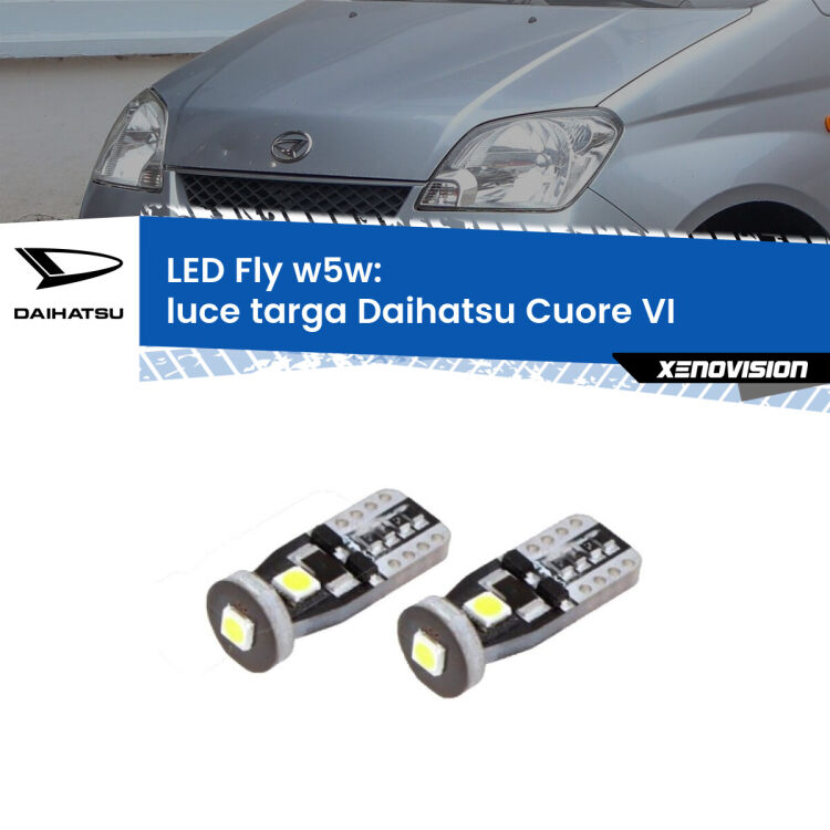 <strong>luce targa LED per Daihatsu Cuore VI</strong>  2003 - 2007. Coppia lampadine <strong>w5w</strong> Canbus compatte modello Fly Xenovision.