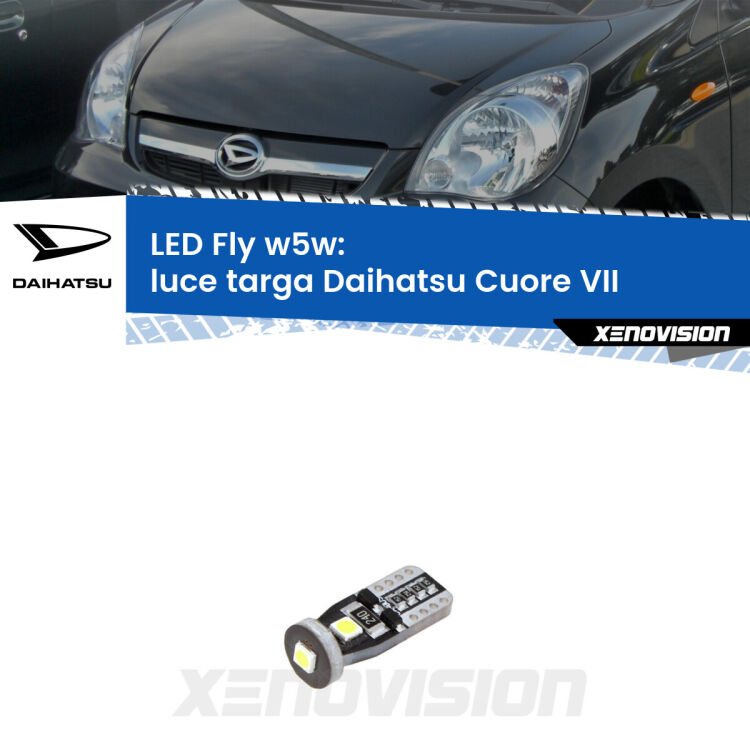 <strong>luce targa LED per Daihatsu Cuore VII</strong>  2007 - 2018. Coppia lampadine <strong>w5w</strong> Canbus compatte modello Fly Xenovision.