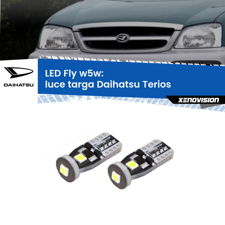 <strong>luce targa LED per Daihatsu Terios</strong>  1997 - 2005. Coppia lampadine <strong>w5w</strong> Canbus compatte modello Fly Xenovision.