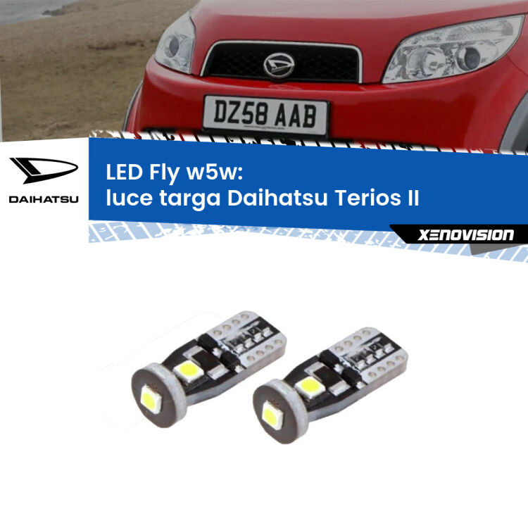 <strong>luce targa LED per Daihatsu Terios</strong> II 2005 - 2009. Coppia lampadine <strong>w5w</strong> Canbus compatte modello Fly Xenovision.