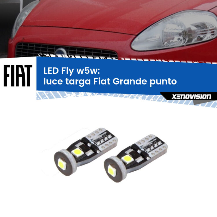 <strong>luce targa LED per Fiat Grande punto</strong>  2005 - 2018. Coppia lampadine <strong>w5w</strong> Canbus compatte modello Fly Xenovision.