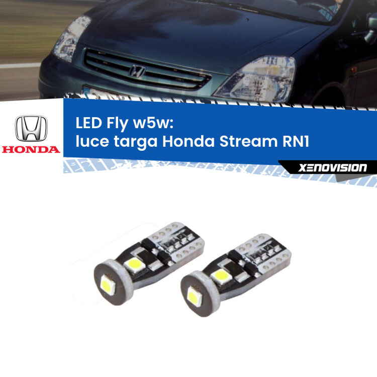 <strong>luce targa LED per Honda Stream</strong> RN1 2001 - 2006. Coppia lampadine <strong>w5w</strong> Canbus compatte modello Fly Xenovision.