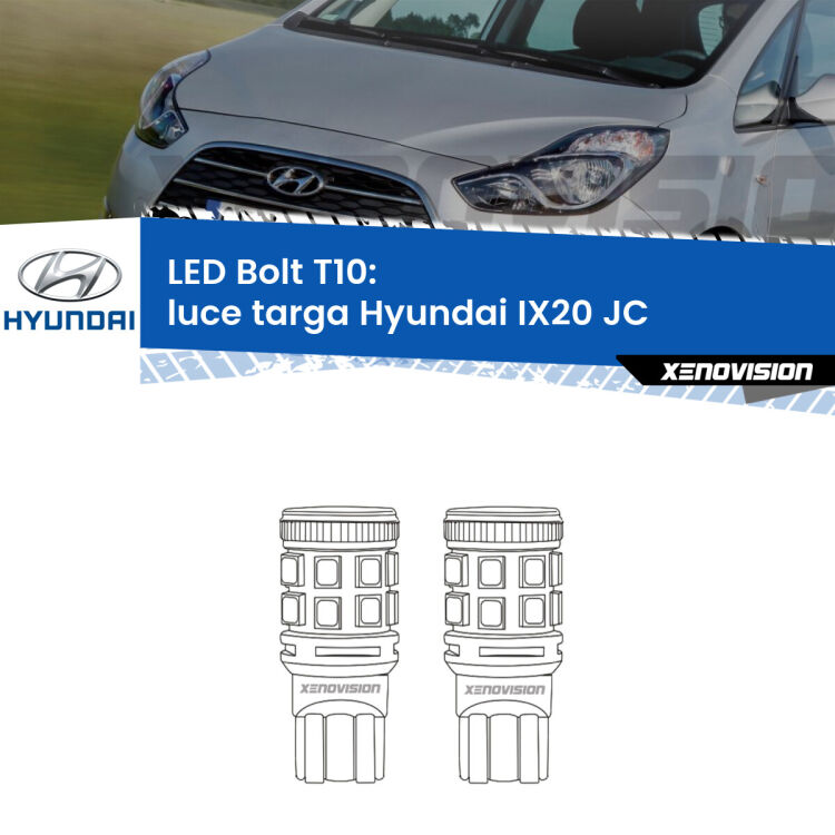 <strong>Luce Targa LED per Hyundai IX20</strong> JC 2010 in poi. Coppia lampade <strong>T10</strong> modello Bolt canbus.