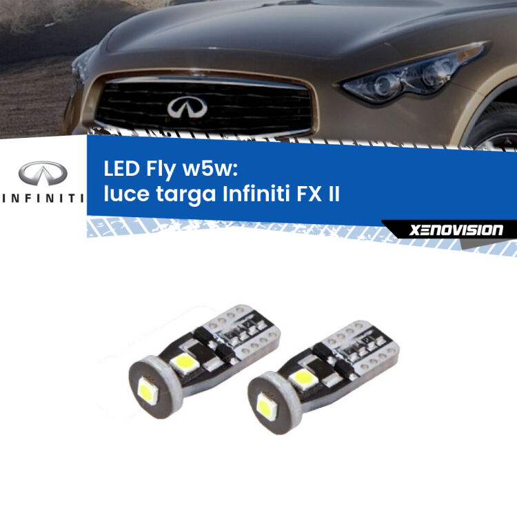 <strong>luce targa LED per Infiniti FX</strong> II 2008 - 2013. Coppia lampadine <strong>w5w</strong> Canbus compatte modello Fly Xenovision.