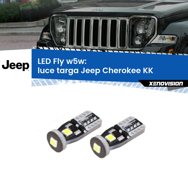 <strong>luce targa LED per Jeep Cherokee</strong> KK 2008 - 2013. Coppia lampadine <strong>w5w</strong> Canbus compatte modello Fly Xenovision.