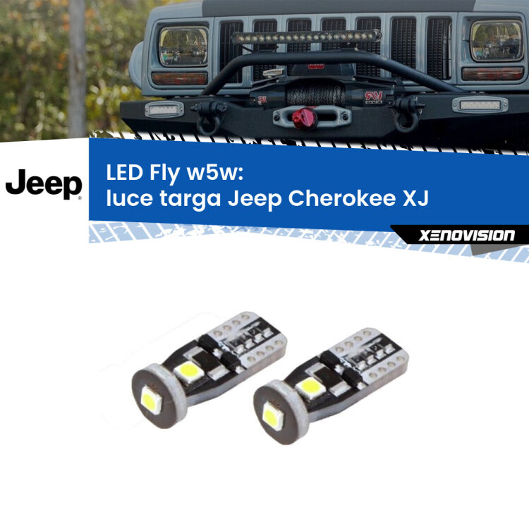 <strong>luce targa LED per Jeep Cherokee</strong> XJ 1984 - 2001. Coppia lampadine <strong>w5w</strong> Canbus compatte modello Fly Xenovision.