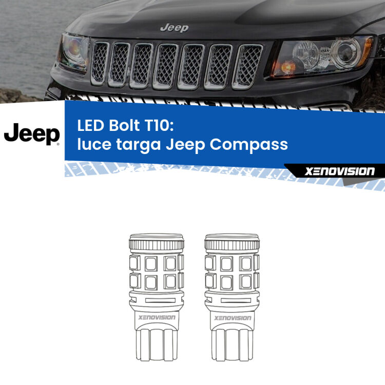 <strong>Luce Targa LED per Jeep Compass</strong>  2006 - 2016. Coppia lampade <strong>T10</strong> modello Bolt canbus.