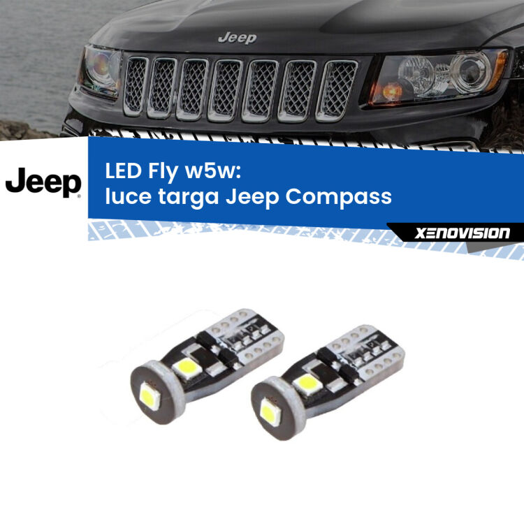 <strong>luce targa LED per Jeep Compass</strong>  2006 - 2016. Coppia lampadine <strong>w5w</strong> Canbus compatte modello Fly Xenovision.