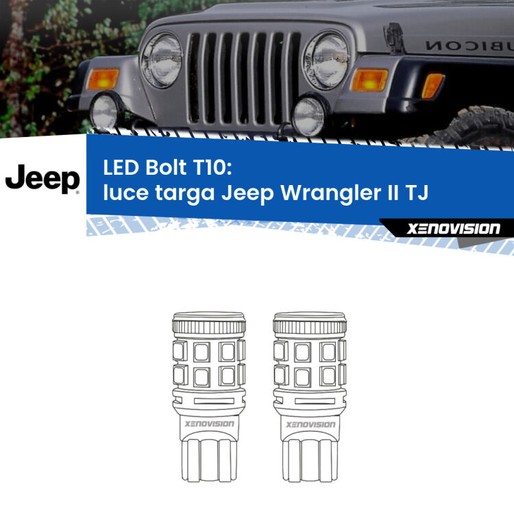 <strong>Luce Targa LED per Jeep Wrangler II</strong> TJ 1996 - 2005. Coppia lampade <strong>T10</strong> modello Bolt canbus.