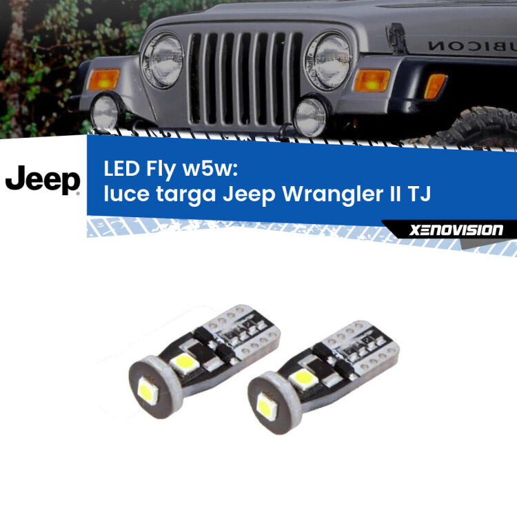 <strong>luce targa LED per Jeep Wrangler II</strong> TJ 1996 - 2005. Coppia lampadine <strong>w5w</strong> Canbus compatte modello Fly Xenovision.