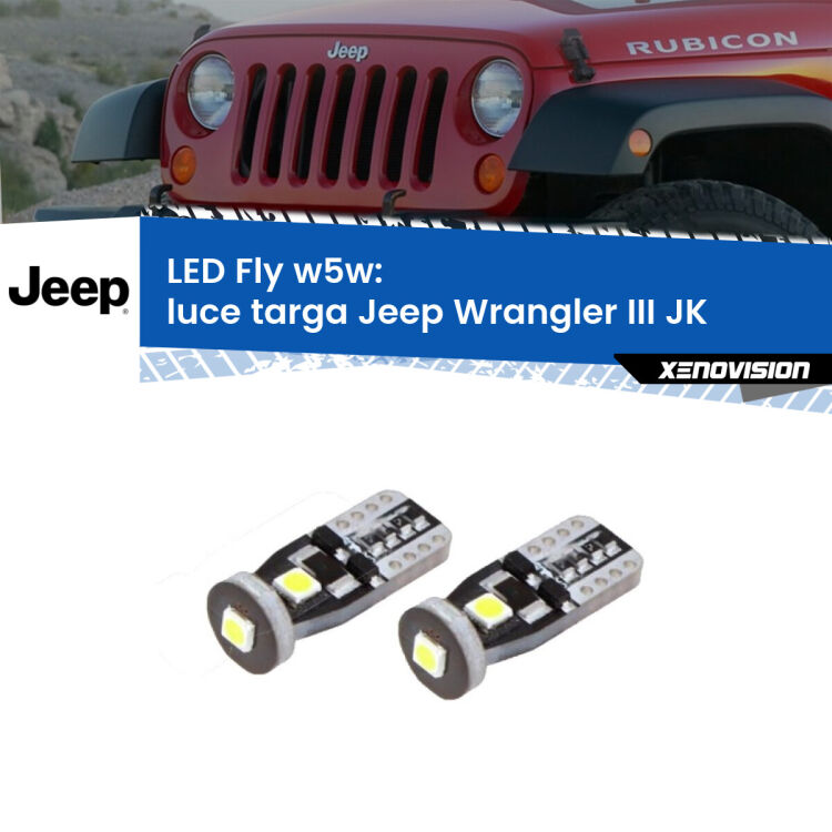 <strong>luce targa LED per Jeep Wrangler III</strong> JK 2006 - 2016. Coppia lampadine <strong>w5w</strong> Canbus compatte modello Fly Xenovision.