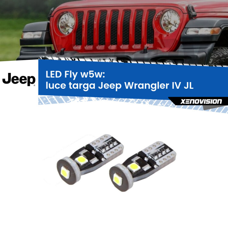 <strong>luce targa LED per Jeep Wrangler IV</strong> JL 2017 in poi. Coppia lampadine <strong>w5w</strong> Canbus compatte modello Fly Xenovision.