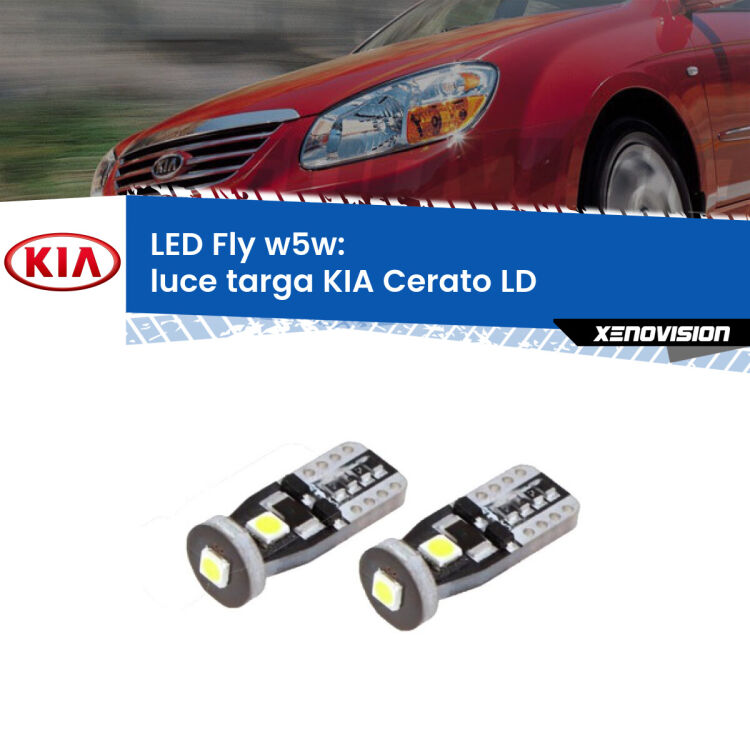 <strong>luce targa LED per KIA Cerato</strong> LD 2003 - 2007. Coppia lampadine <strong>w5w</strong> Canbus compatte modello Fly Xenovision.