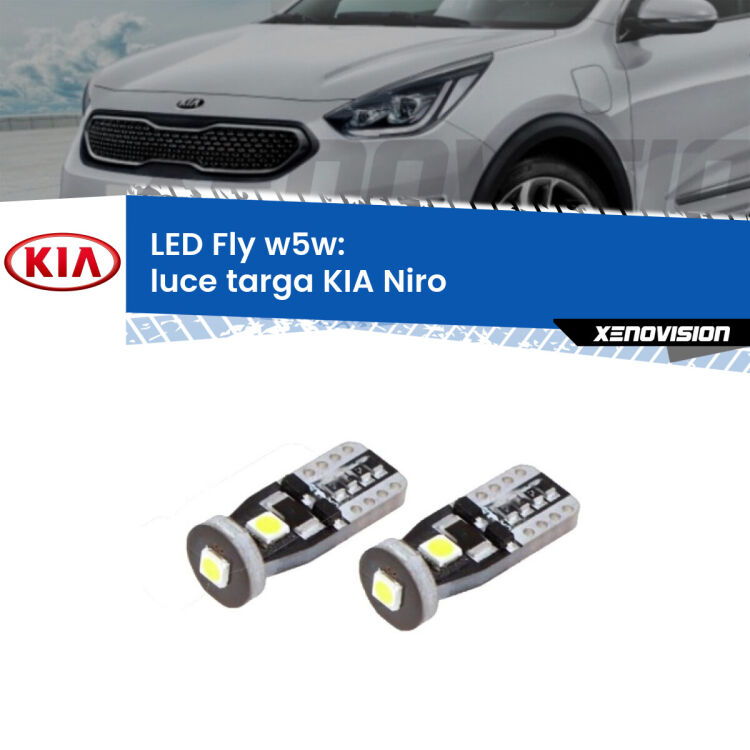 <strong>luce targa LED per KIA Niro</strong>  2016 in poi. Coppia lampadine <strong>w5w</strong> Canbus compatte modello Fly Xenovision.