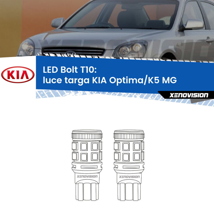 <strong>Luce Targa LED per KIA Optima/K5</strong> MG 2005 - 2009. Coppia lampade <strong>T10</strong> modello Bolt canbus.