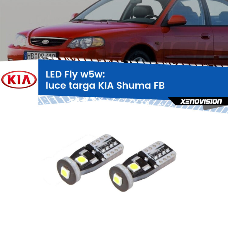 <strong>luce targa LED per KIA Shuma</strong> FB 1997 - 2000. Coppia lampadine <strong>w5w</strong> Canbus compatte modello Fly Xenovision.