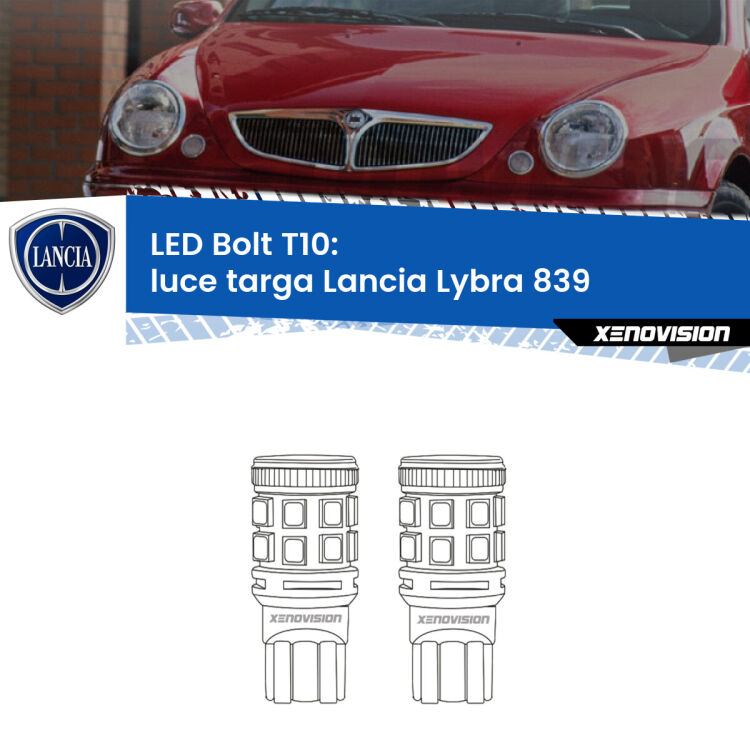 <strong>Luce Targa LED per Lancia Lybra</strong> 839 1999 - 2005. Coppia lampade <strong>T10</strong> modello Bolt canbus.