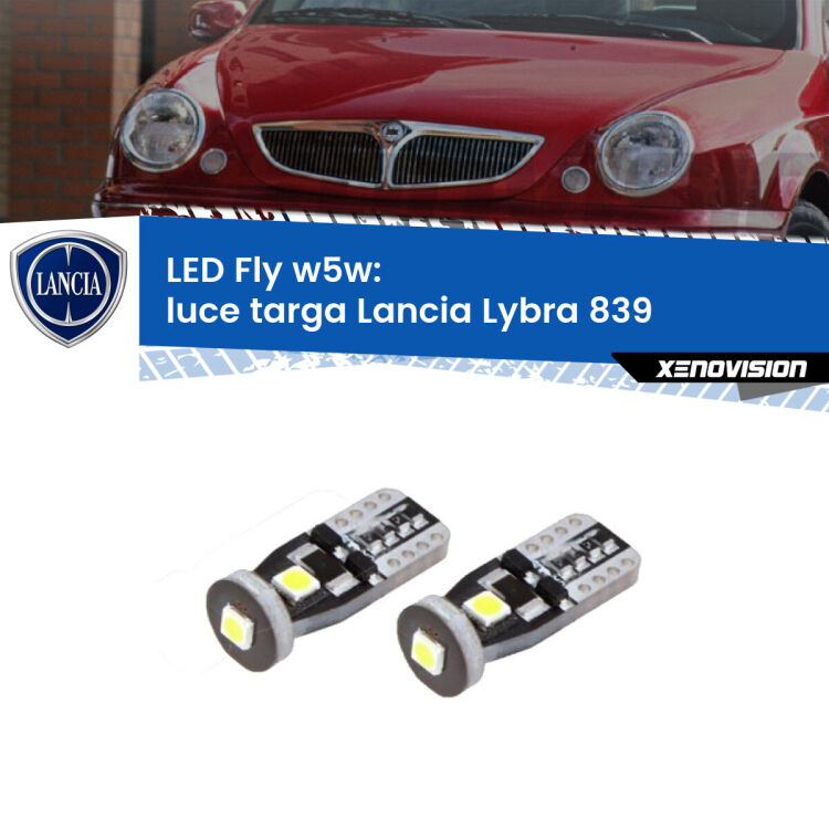 <strong>luce targa LED per Lancia Lybra</strong> 839 1999 - 2005. Coppia lampadine <strong>w5w</strong> Canbus compatte modello Fly Xenovision.