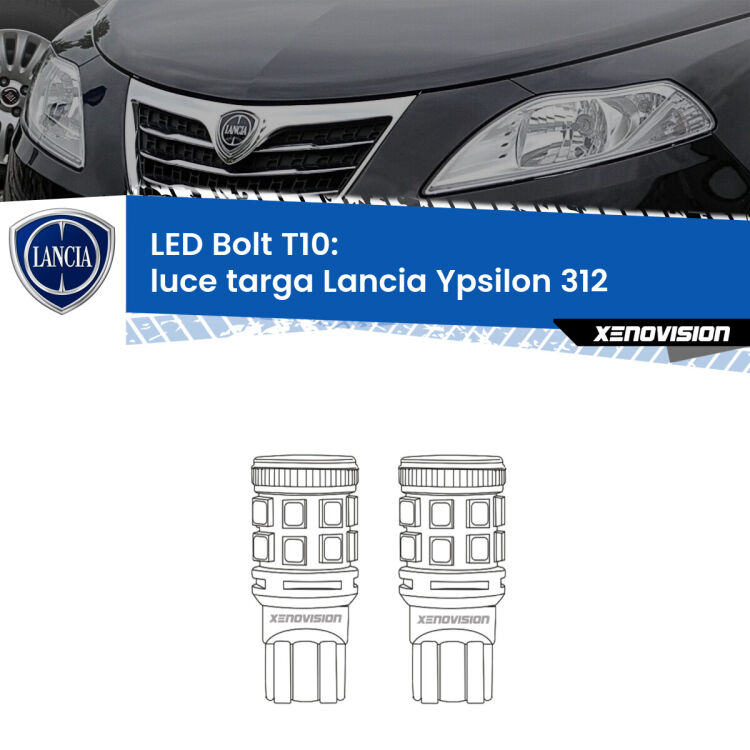 <strong>Luce Targa LED per Lancia Ypsilon</strong> 312 2011 in poi. Coppia lampade <strong>T10</strong> modello Bolt canbus.